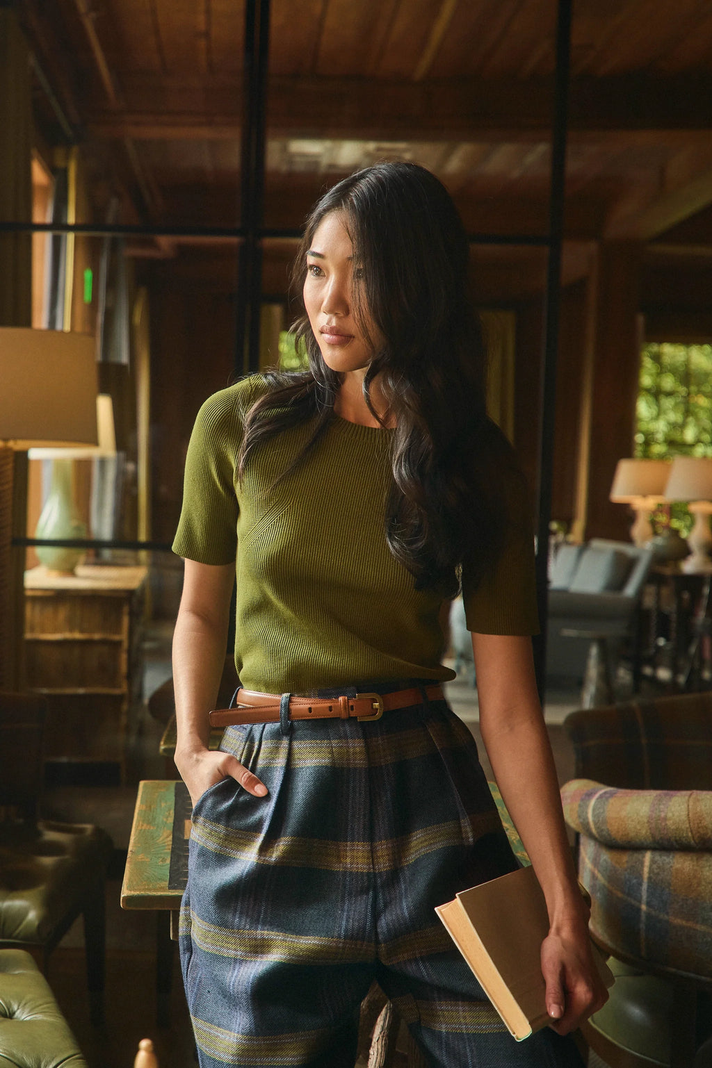 The Lee Top in pine grove paired with the York Trouser in Stirling Plaid. 