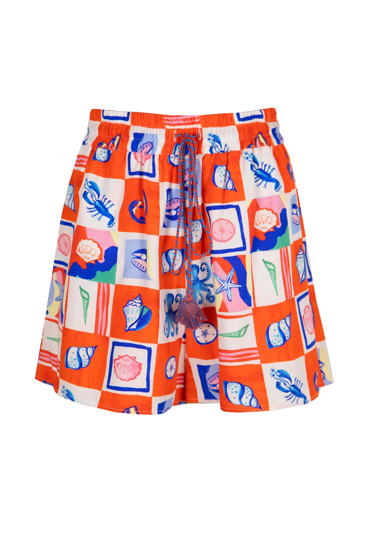 The Belle shorts have an elastic waist, a drawstring tassel, slant hip and back patch pockets.