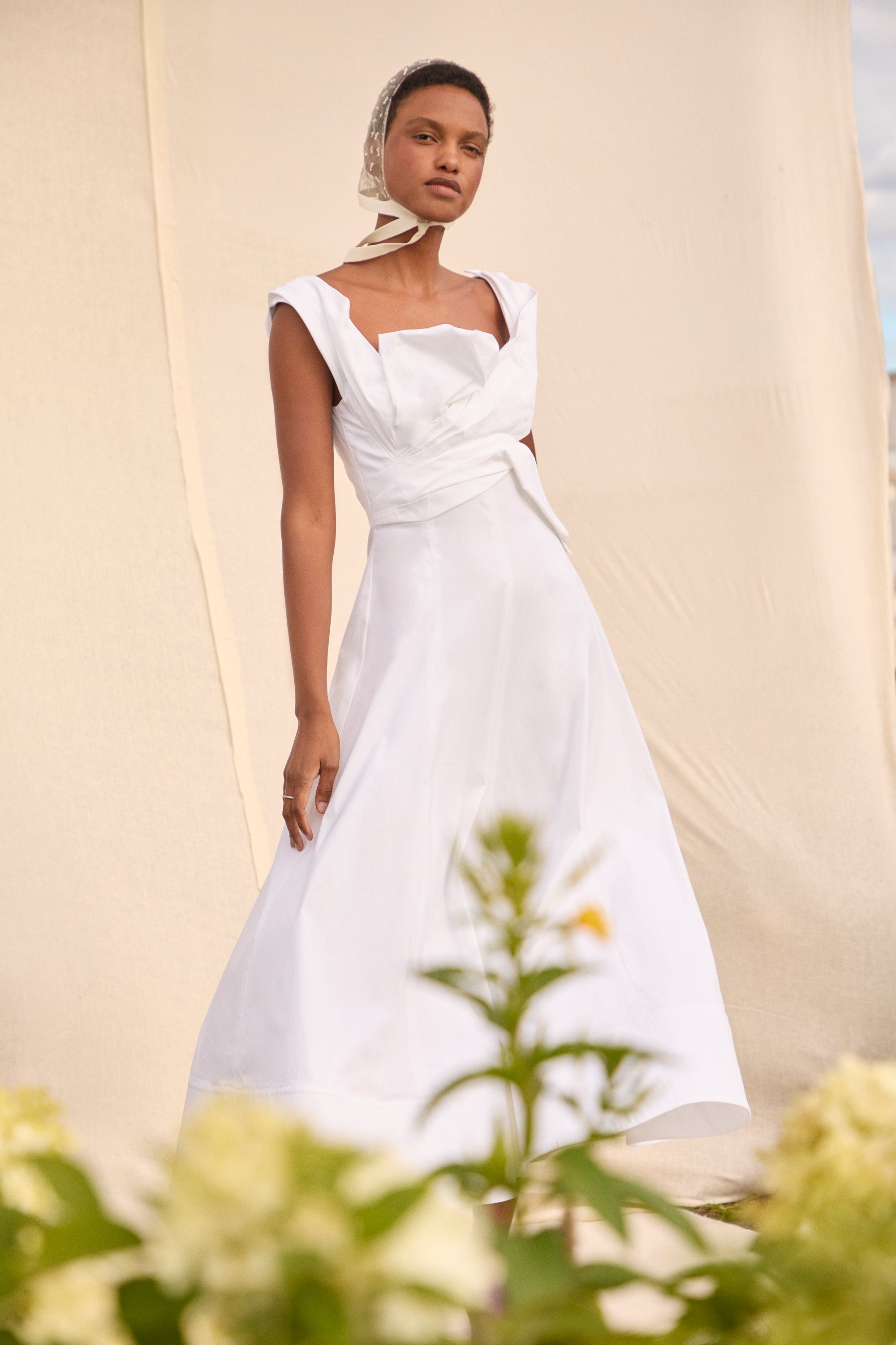 Cotton Poplin Draped Floral Dress in White