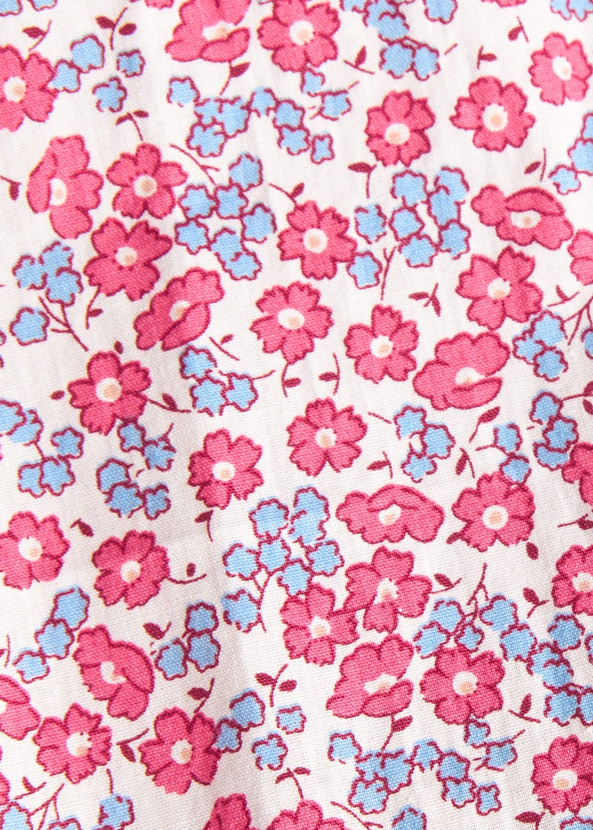Little English traditional children's clothing. Raspberry red, blue, and cream Lennox Floral fabric swatch