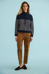The Lewis Pullover in Midnight Blue paired with the Hills Pant in Saddle. 