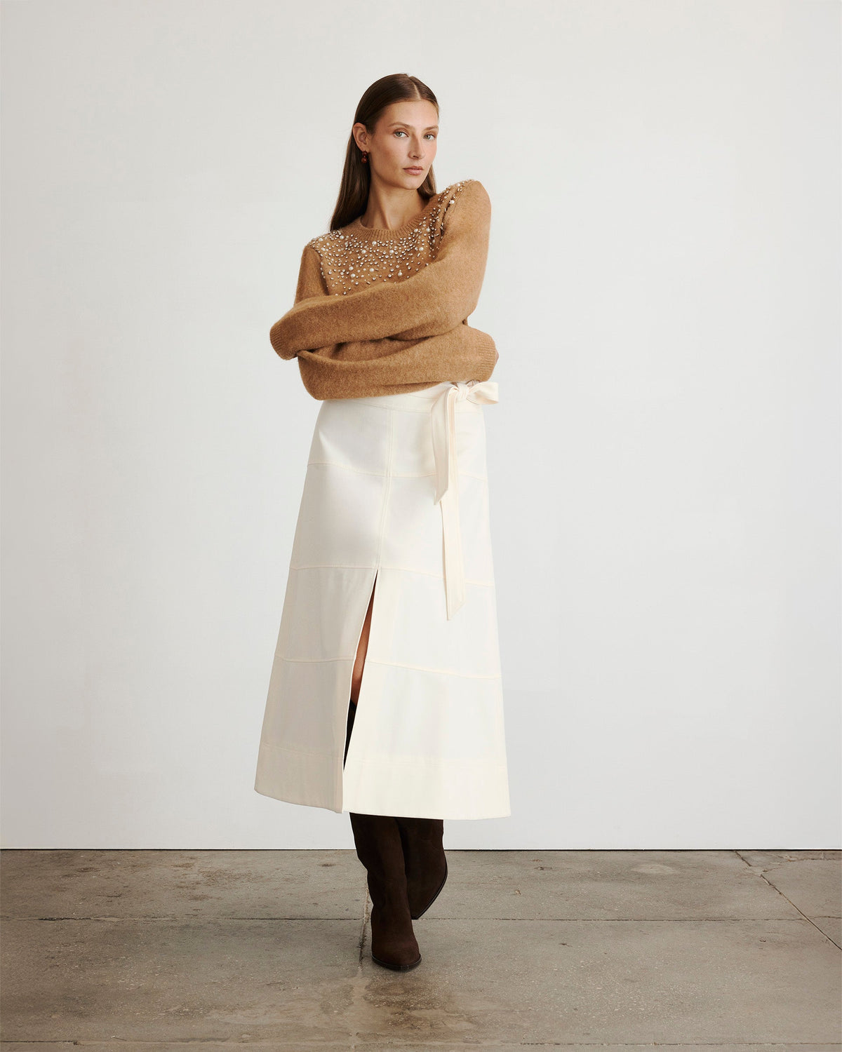 Lexia Embellished Sweater in Camel