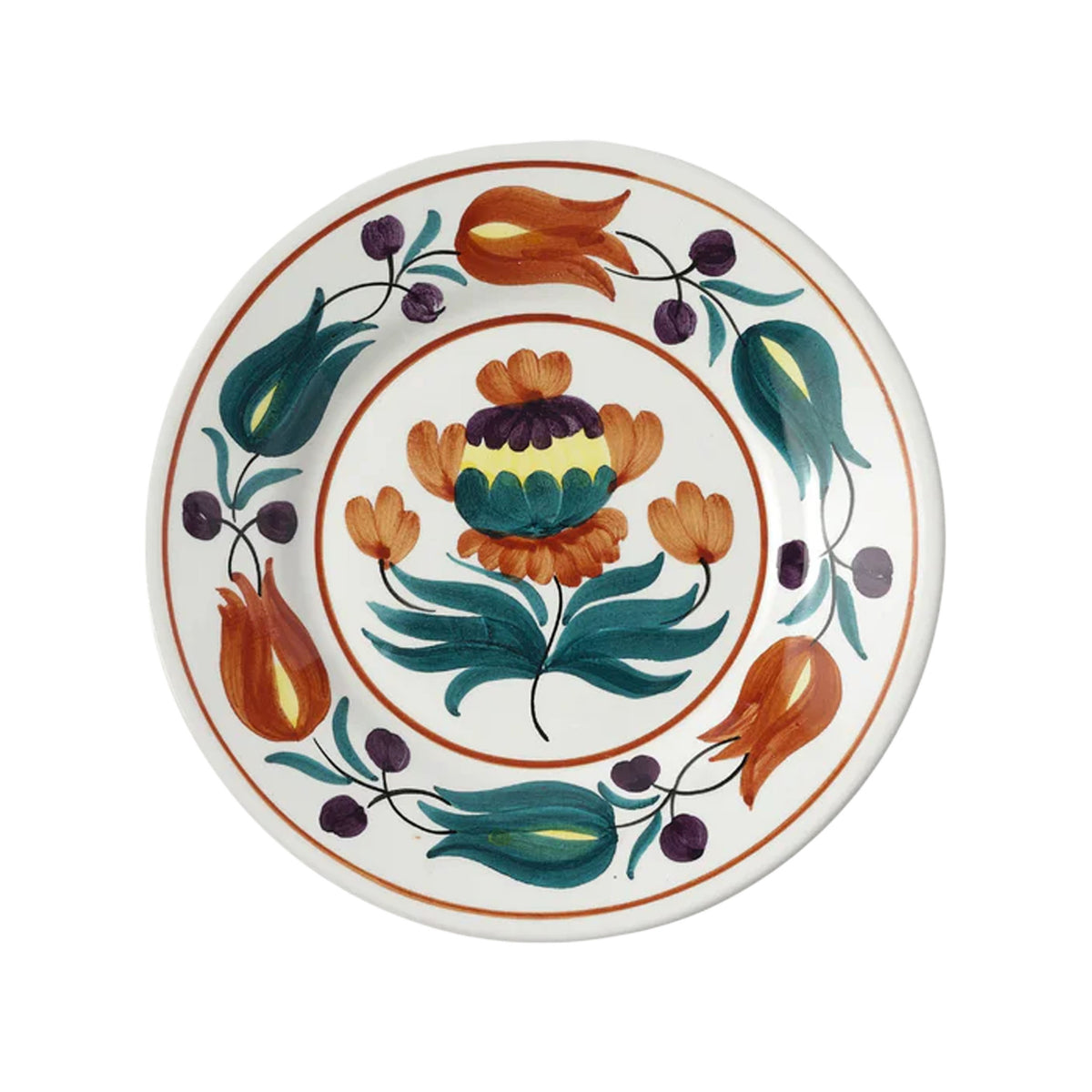 Top view of Lia dessert plate showcasing hand-painted orange, teal, and purple floral motif on white background