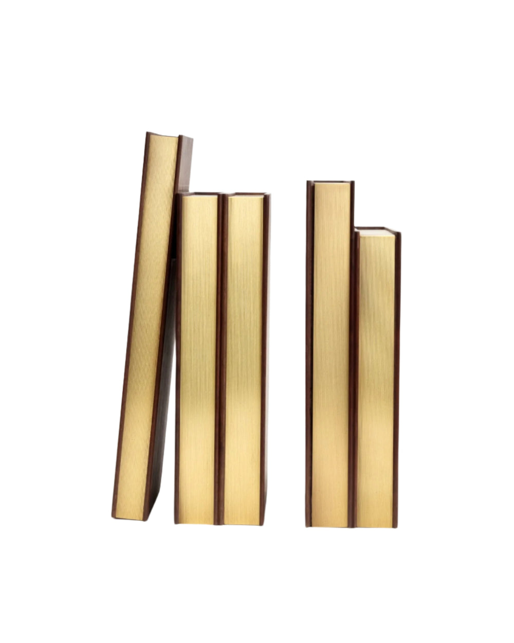 Front view of Library Bookends set of 2 showcasing brushed brass pages and walnut wood sides on white background