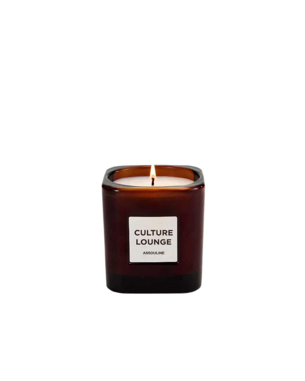 Front view of Library Candle in Culture Lounge showcasing lit wick, square amber glass and label reading Culture Lounge with white background
