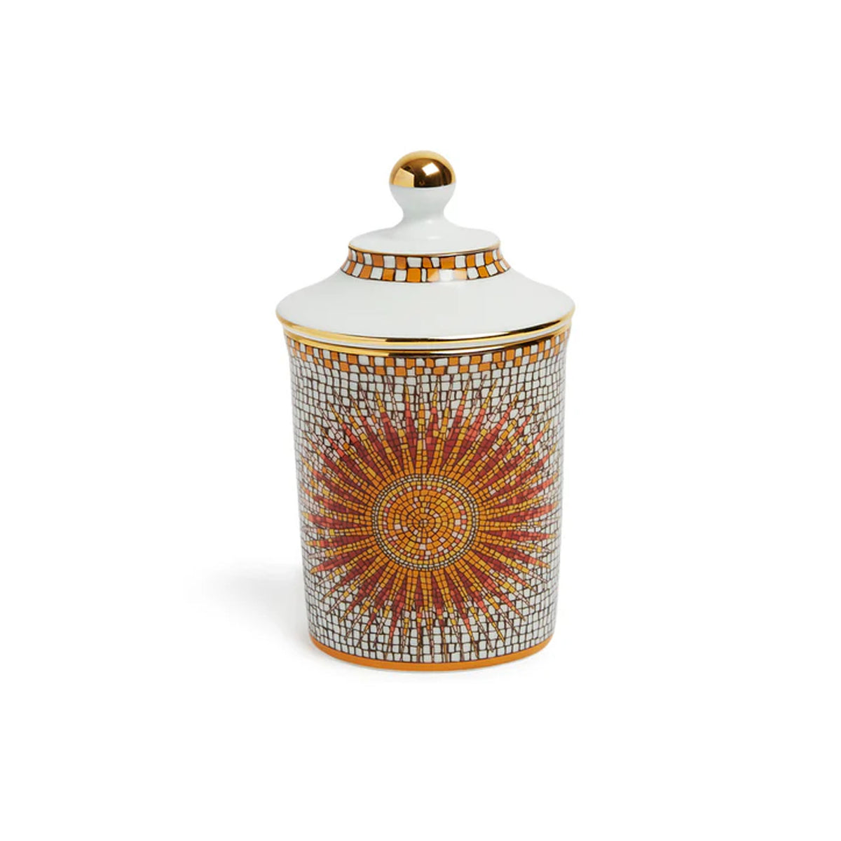 Front view of Lidded Mug in Sunrays Multicolor showcasing mosaic sunburst pattern and gold rim with topper on white background