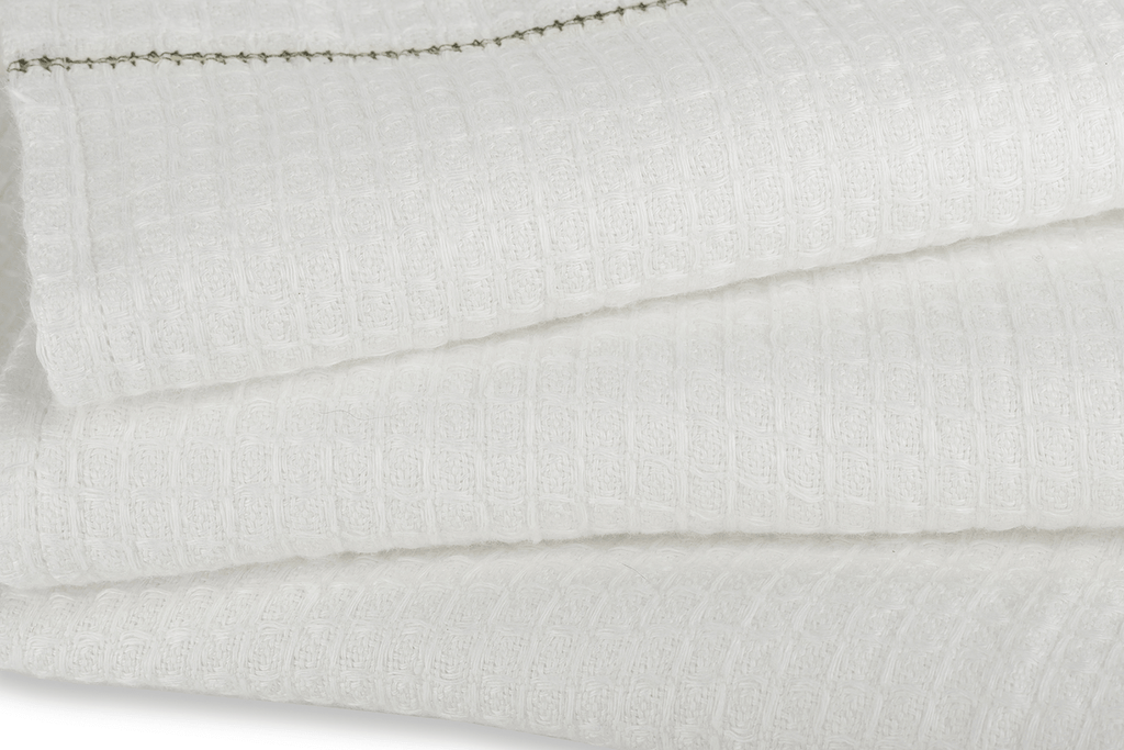 Liege Hand Towel in Ivory White Waffle with Olive Green Hemstitch