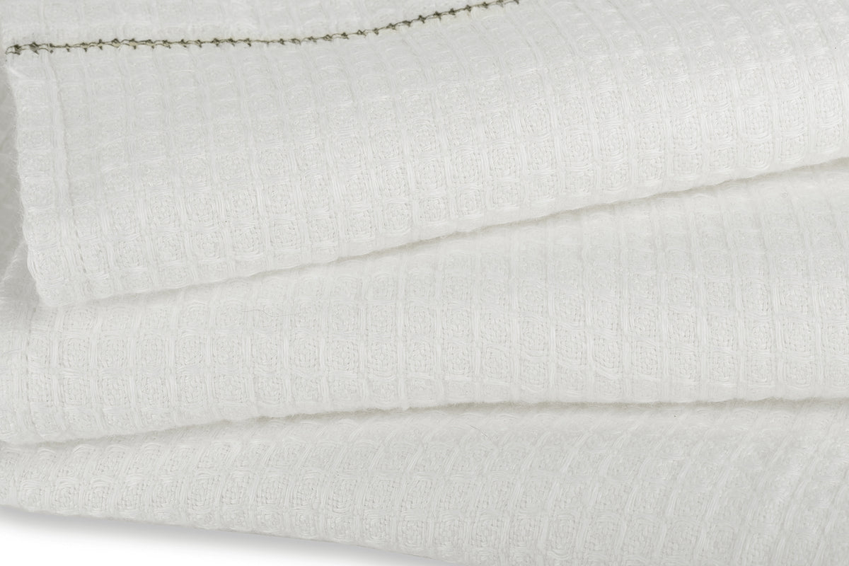 Liege Hand Towel in Ivory White Waffle with Olive Green Hemstitch