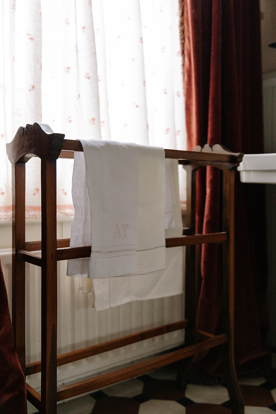 Liege Hand Towel in Ivory White Waffle with Olive Green Hemstitch