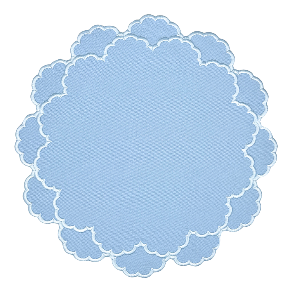 Light blue scalloped luxury embroidered placemat with light blue embroidery