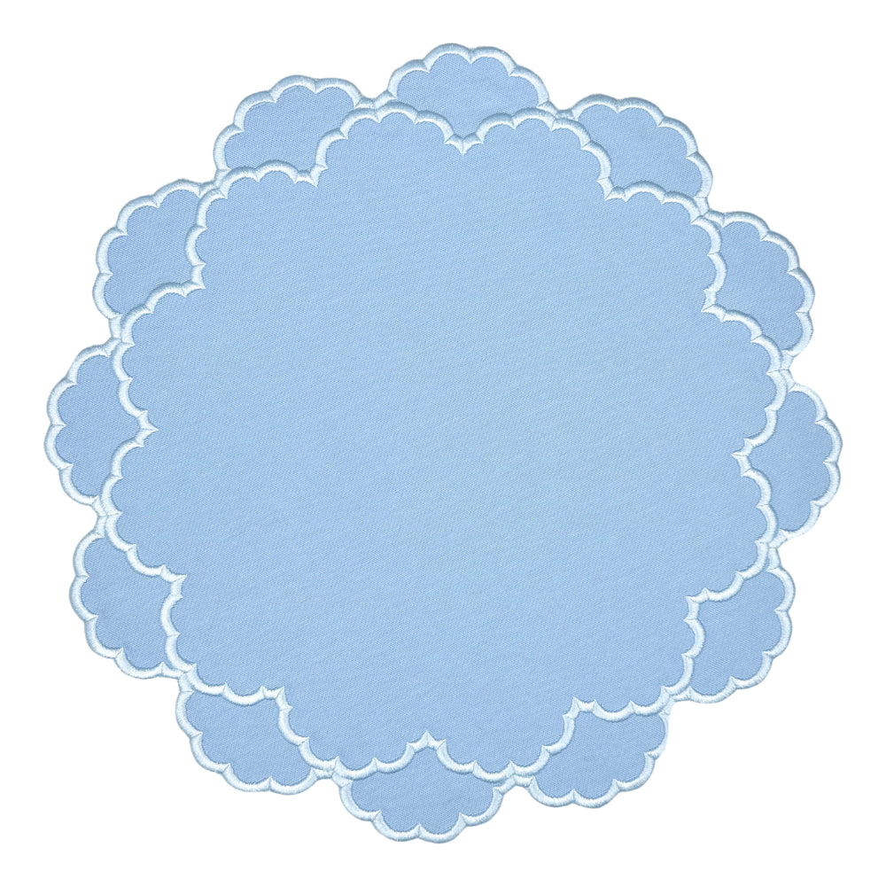 Light blue scalloped luxury embroidered placemat with light blue embroidery