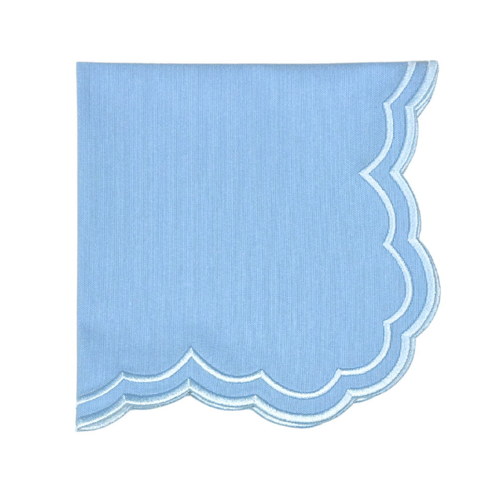 Light blue scalloped edge luxury embroidered napkin with light blue embroidery