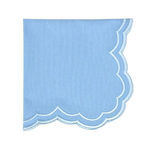 Light blue scalloped edge luxury embroidered napkin with light blue embroidery