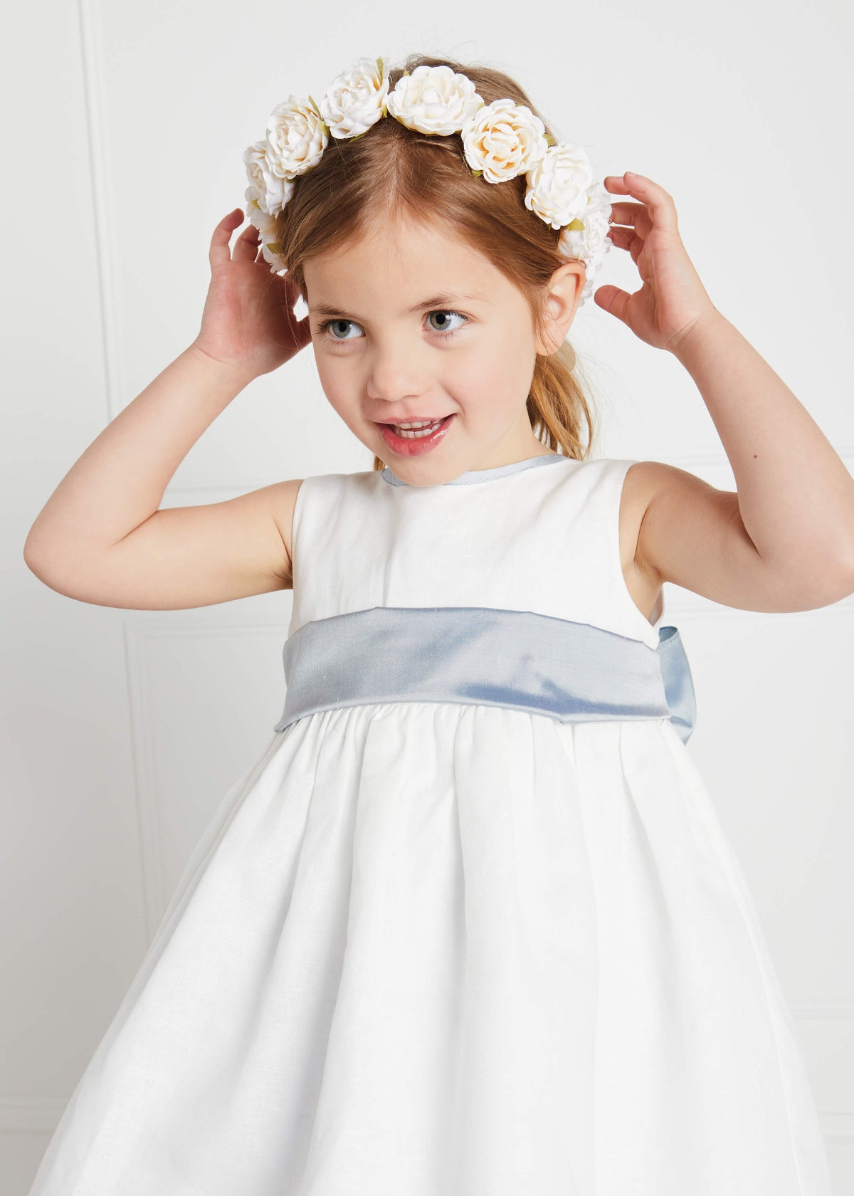 Sleeveless Ivory Flower Girl Dress with Blue Silk Sash (6mths-10yrs) Dresses from Pepa London