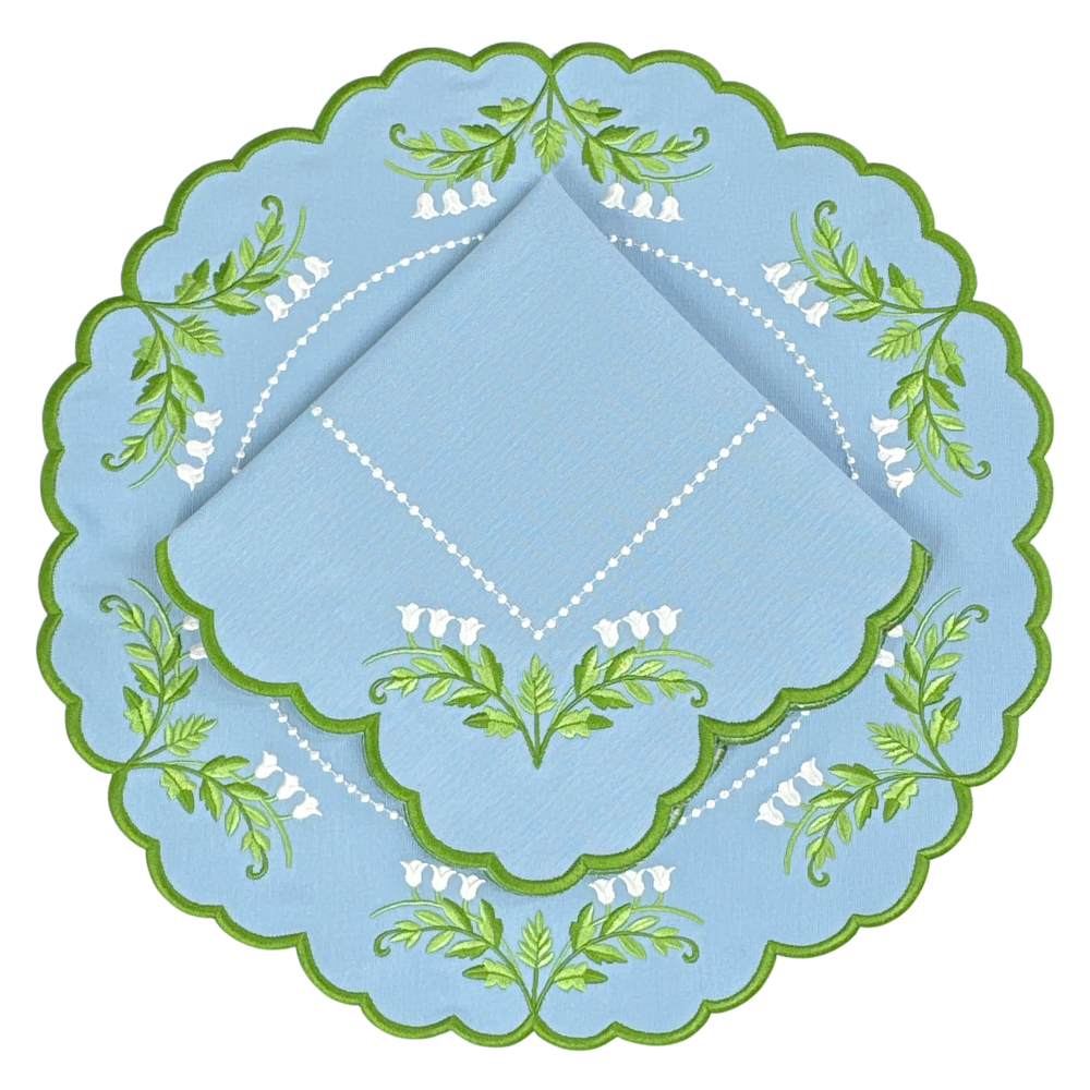 Decorative luxury placemat and napkin with lilly of the valley green leaf patterns 