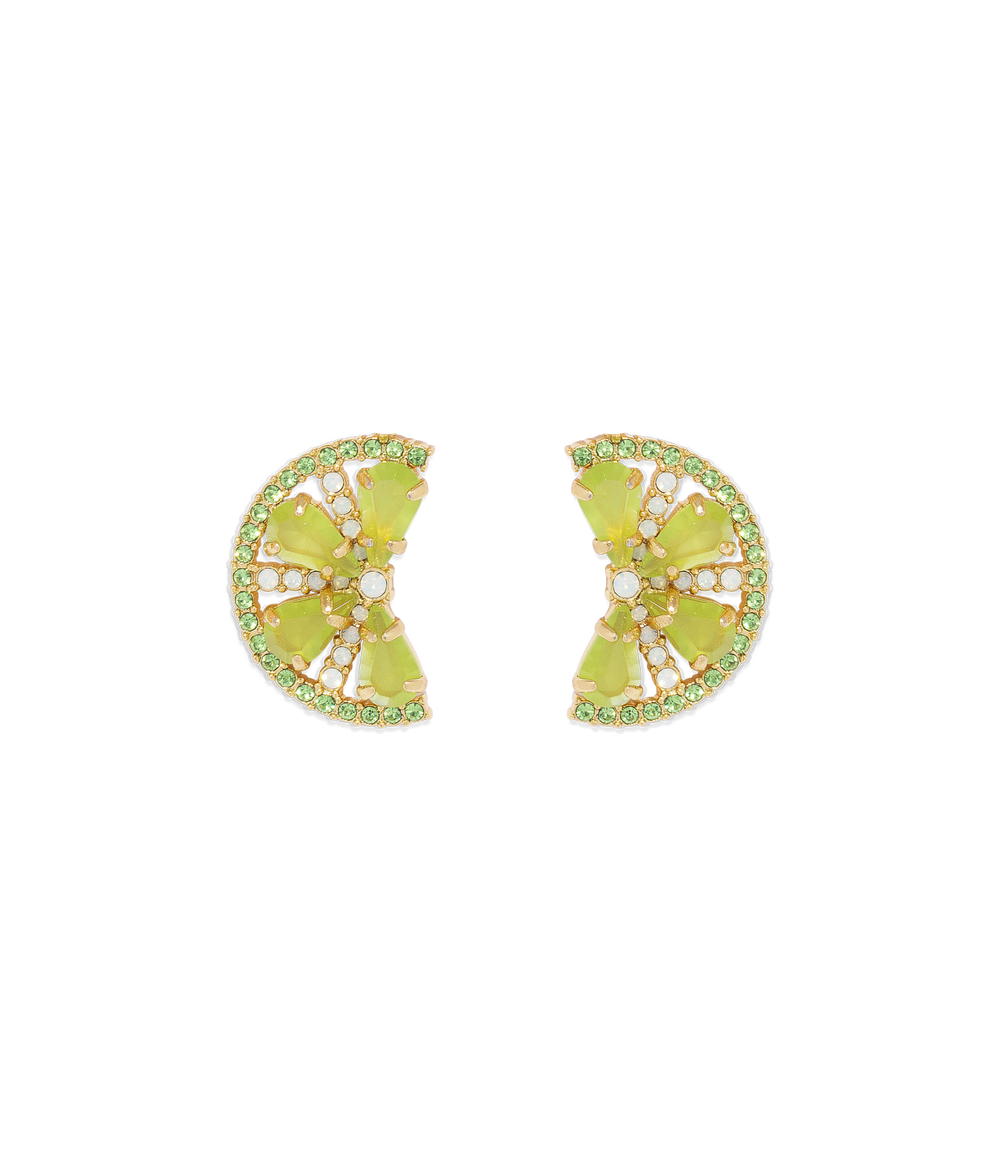 Front view of Lime Slice stud earrings showing faceted lime-green glass stones, green crystal border and gold finish on black background