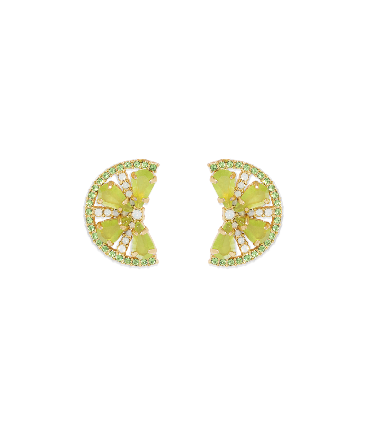 Front view of Lime Slice stud earrings showing faceted lime-green glass stones, green crystal border and gold finish on black background