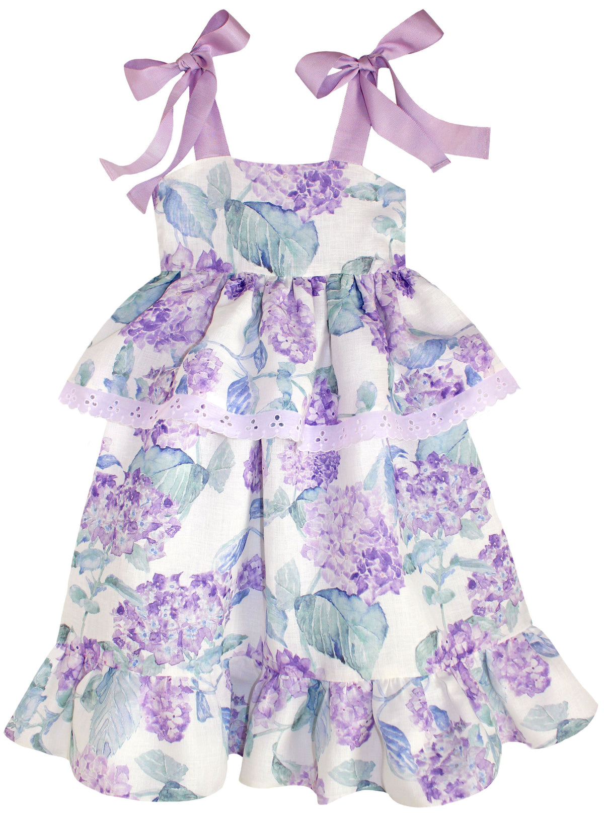 Close-up front view of Blooming Lavender Hydrangea Dress showcasing shoulder bows and floral print on white background