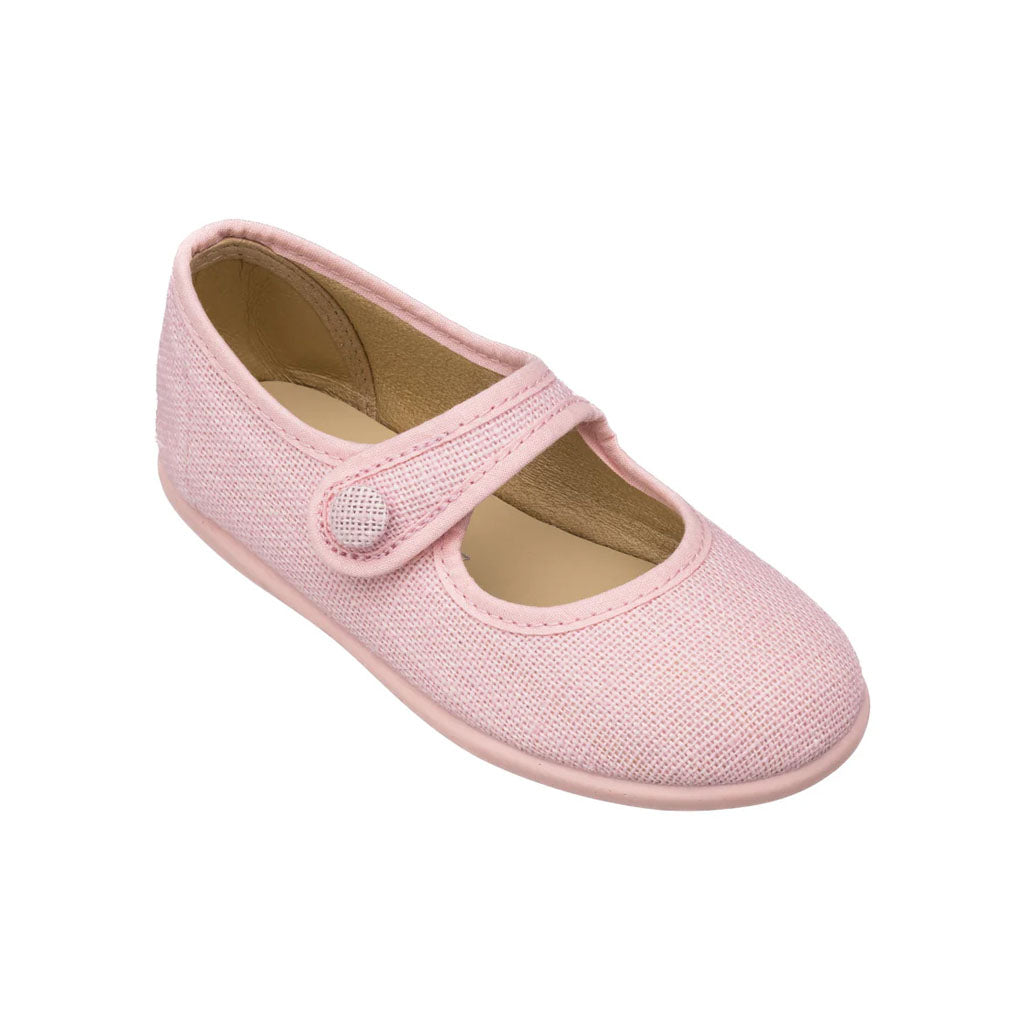 Angled view of Linen Mary Jane Pink shoe showcasing natural linen fabric and adjustable strap with a white background