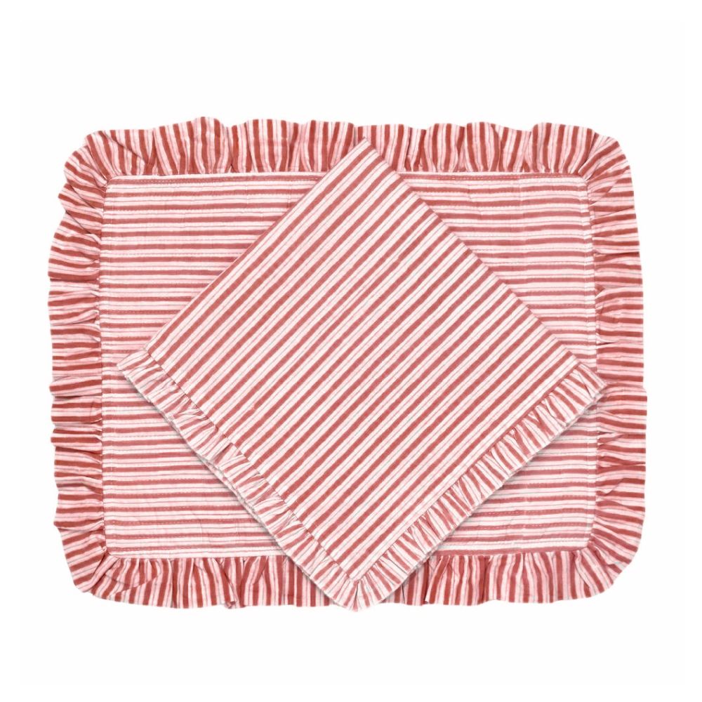 Red Stripes in Quilted Placemats with Ruffle, Set of 4