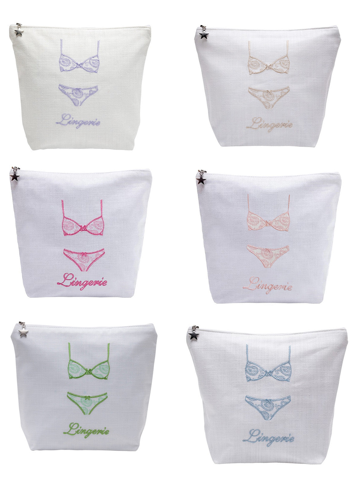 Lingerie Bag in White Linen & Cotton Embroidered