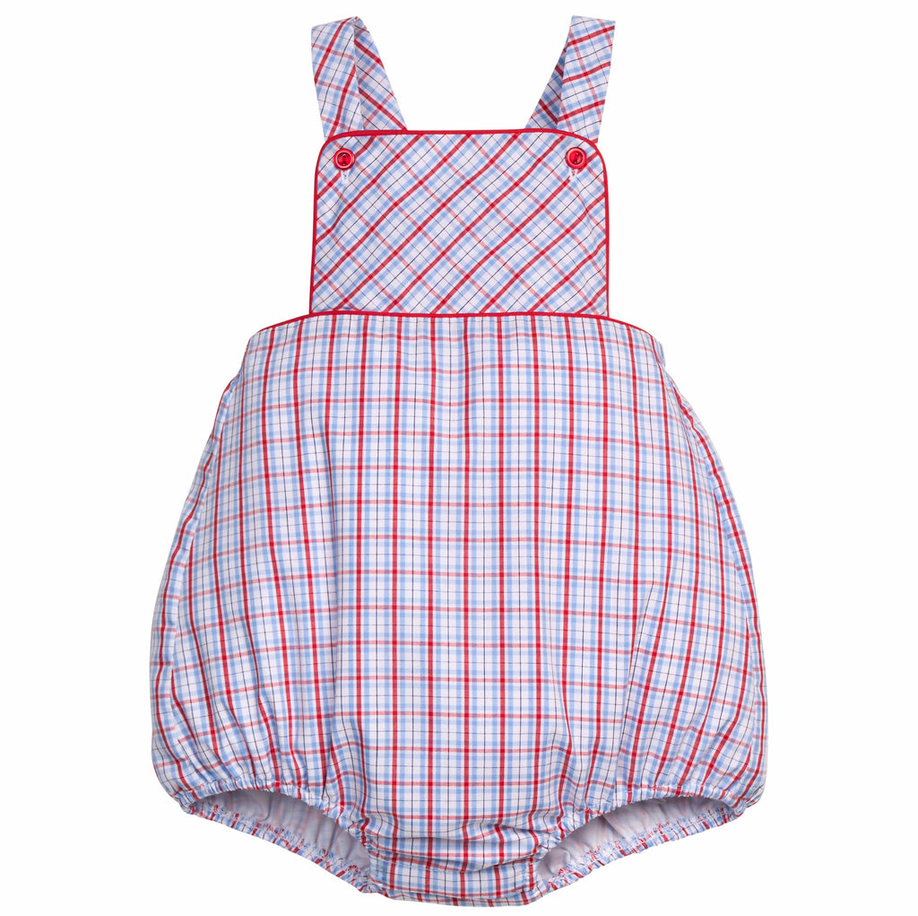 Little English traditional children's clothing.  Patriotic red and blue plaid bubble for baby boys.  4th of July outfit for baby boys.
