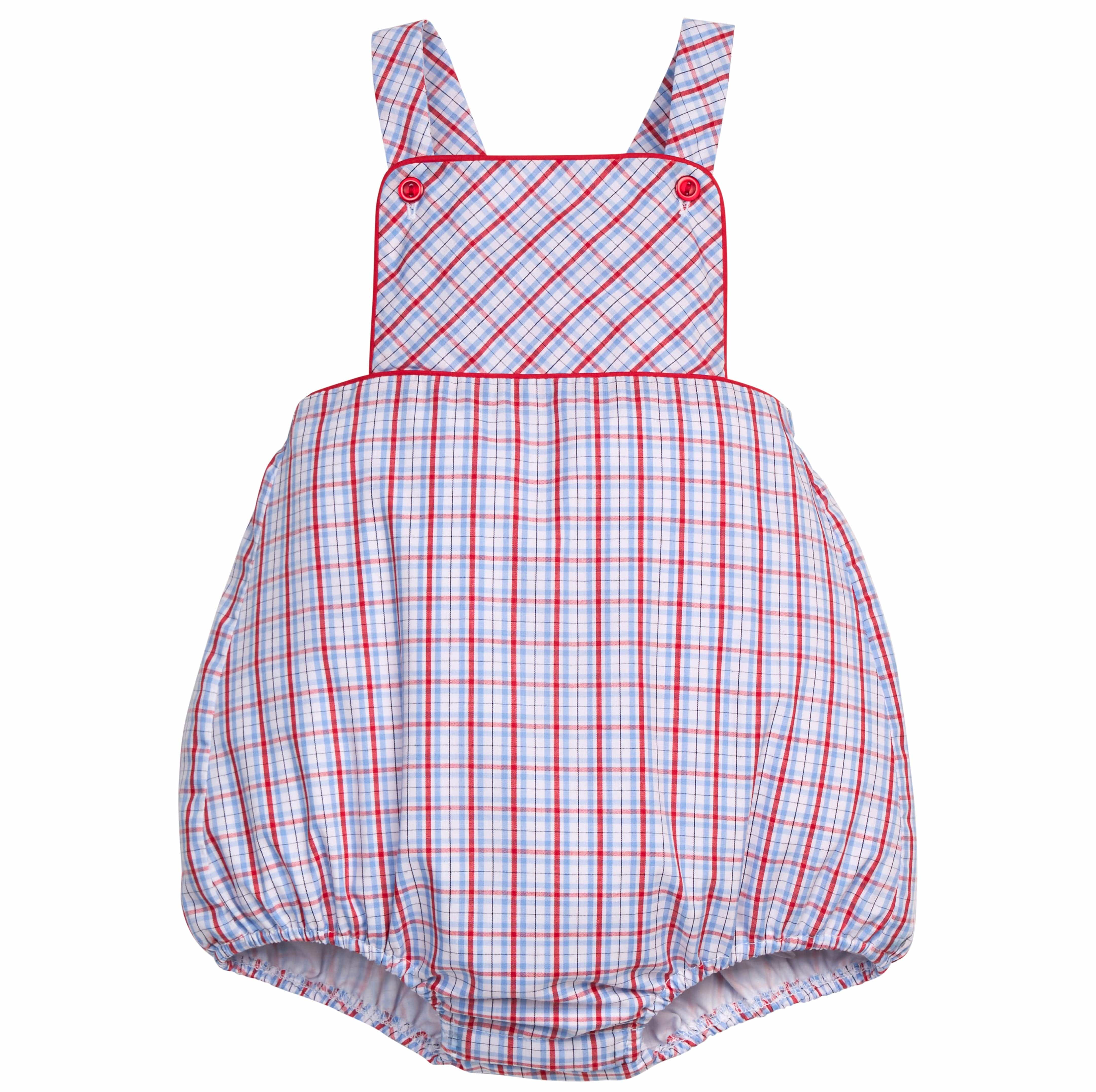 Little English traditional children's clothing.  Patriotic red and blue plaid bubble for baby boys.  4th of July outfit for baby boys.