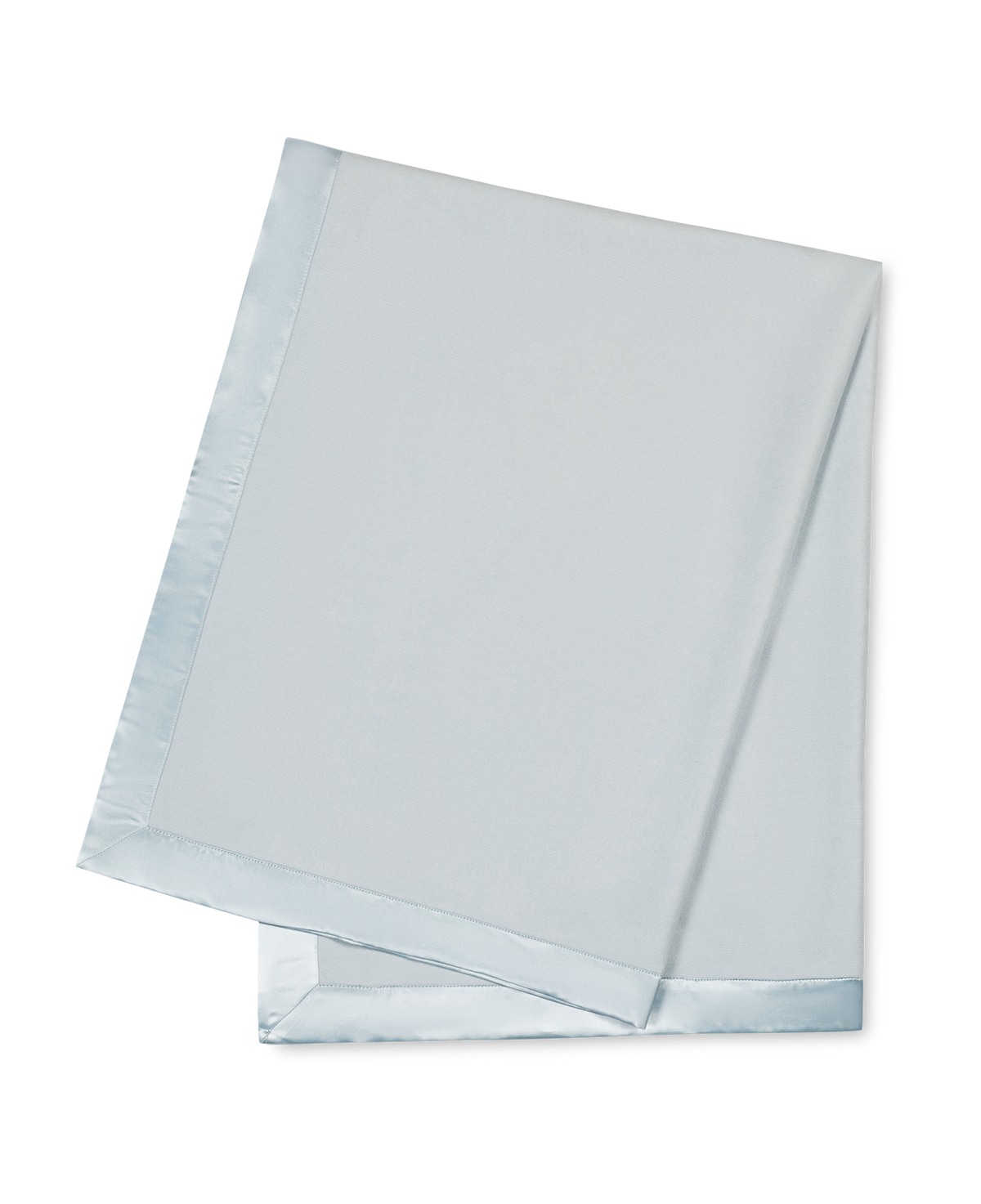 Flat lay of Dream Modal Little Blanket showing silk border in pool blue on plain background