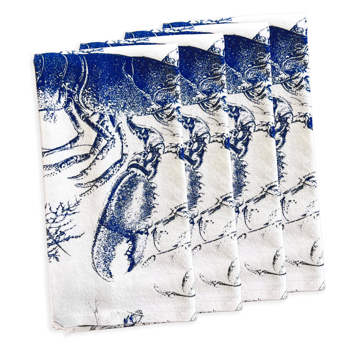 Front view of Blue Lobster Dinner Napkins, Set of 4 showcasing blue lobster print on white cotton napkins with a white background