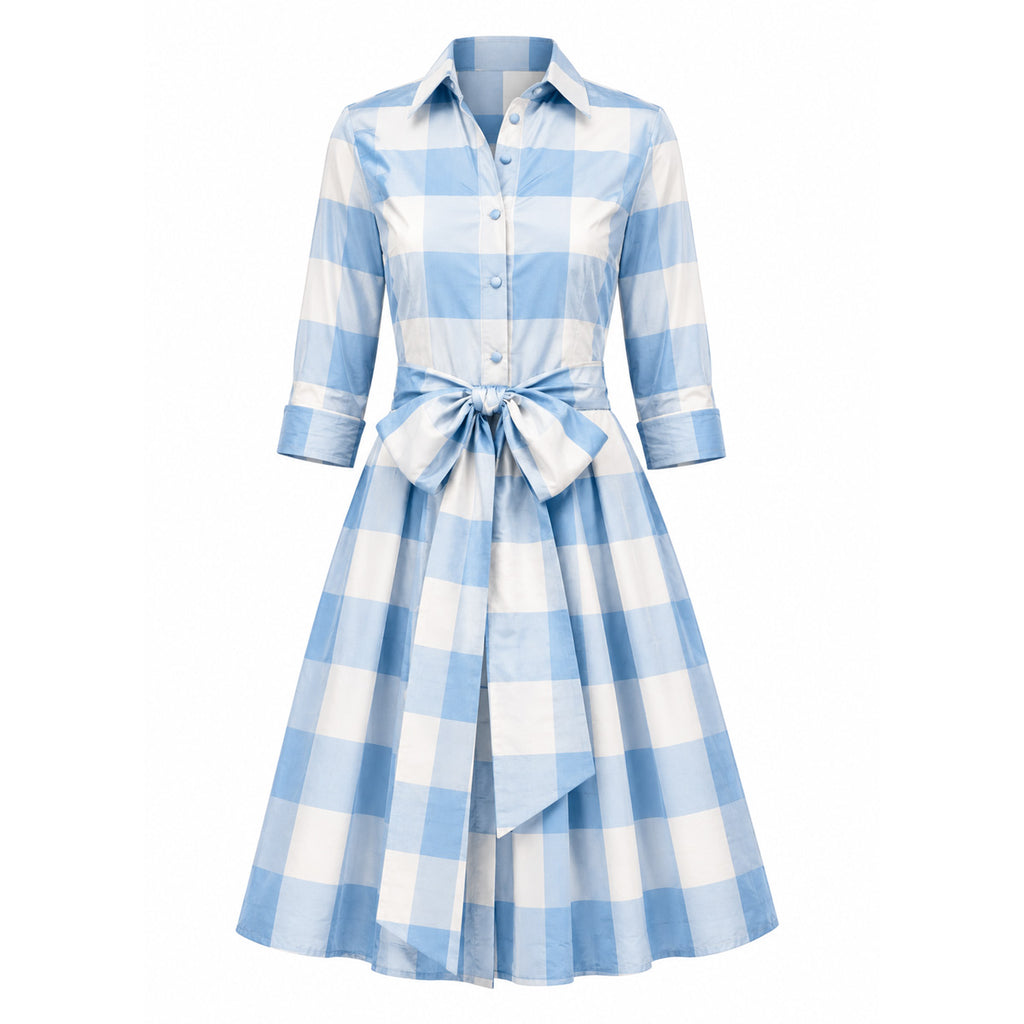 Collared Cocktail Dress in Large Blue Check 0