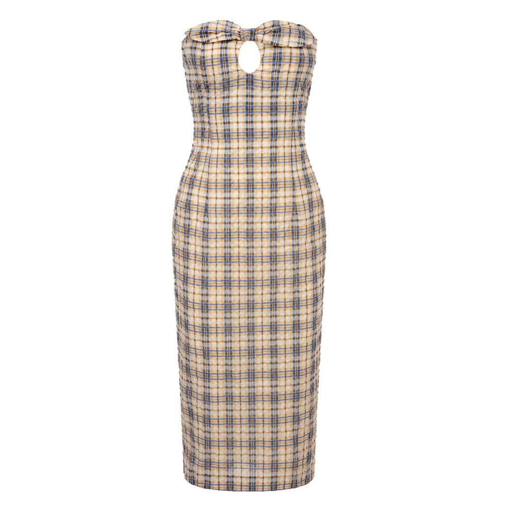Charlotte Dress in Blue & Beige Seersucker Check