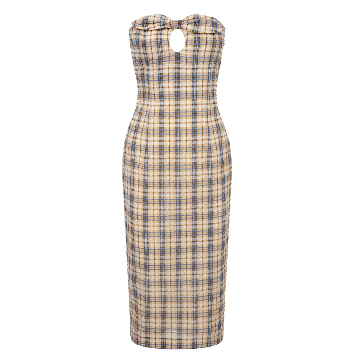 Charlotte Dress in Blue & Beige Seersucker Check