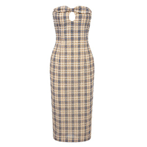 Charlotte Dress in Blue & Beige Seersucker Check