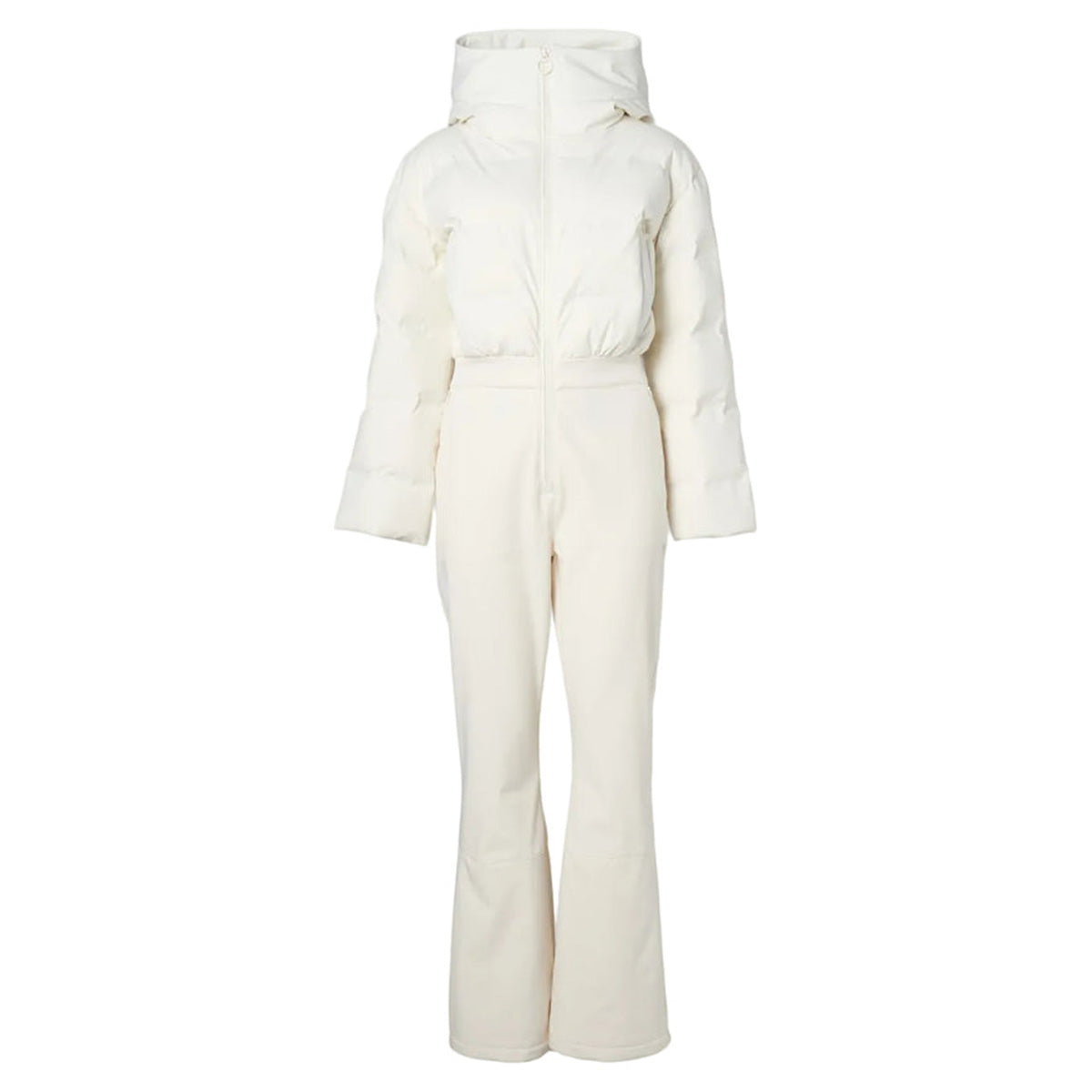 Front view of Aurora Ski Suit in Off White showcasing its hood, full-length design, and front zipper on a white background