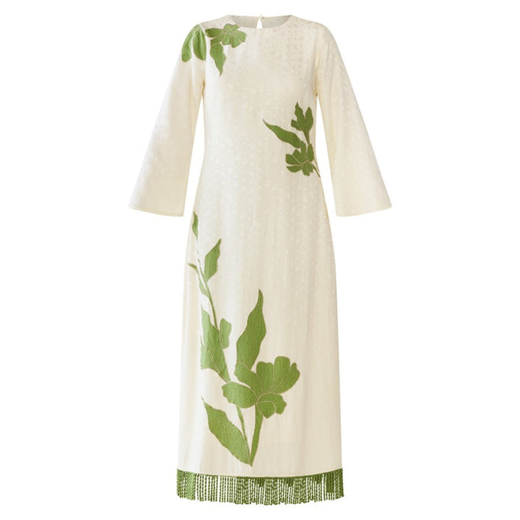 Ariana Dress in Ivory with Green Appliqué