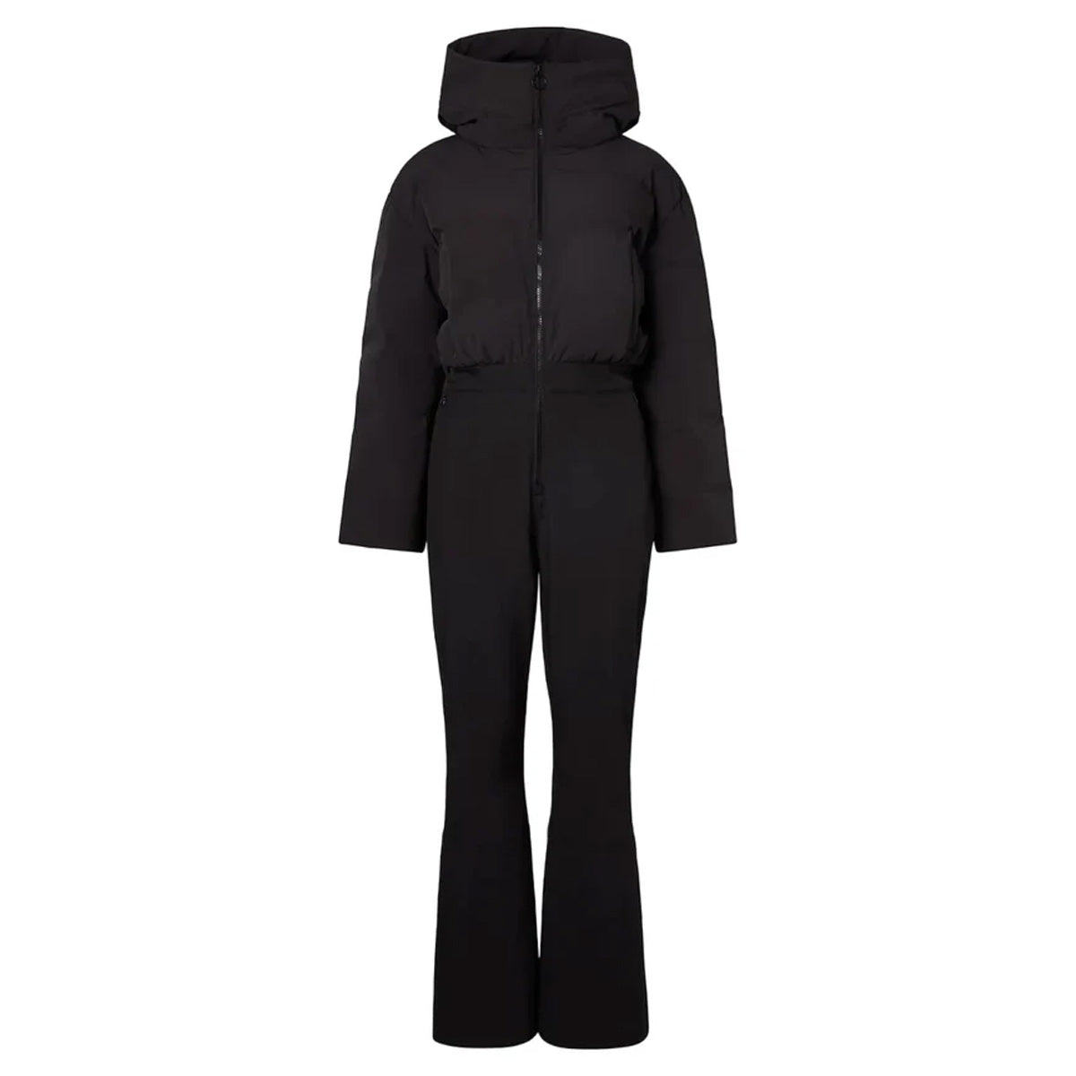 Front view of Aurora Ski Suit in Black showcasing hood, full-length zipper, and wide-leg silhouette with a white background