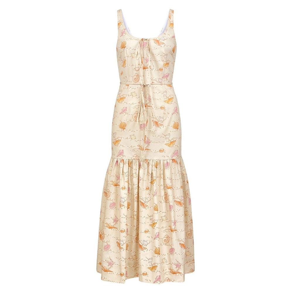 Front view of Double Drawstring Dress in Warm Shell with scoop neckline, drawstring waist, and shirred ankle-length ruffle