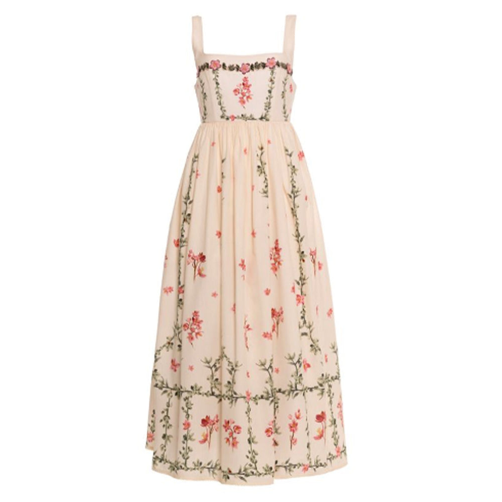 Front view of Barbara midi dress in Cauca with square neckline and A-line skirt with pink floral embroidery on white