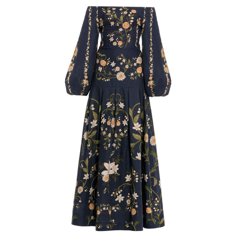 Front view of Senlis Valle Maxi Dress with navy floral embroidery, square neckline, fitted waist and puff sleeves on white background