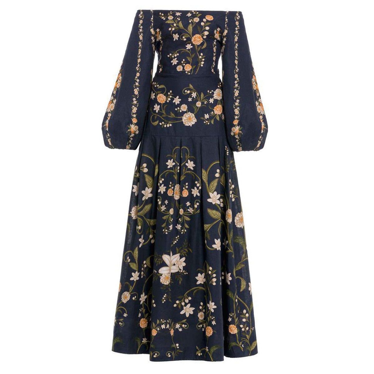 Front view of Senlis Valle Maxi Dress with navy floral embroidery, square neckline, fitted waist and puff sleeves on white background