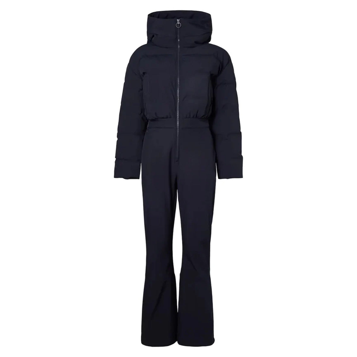 Front view of Aurora Ski Suit in Navy Blue showcasing hood, quilted down upper, and soft shell legs on white background
