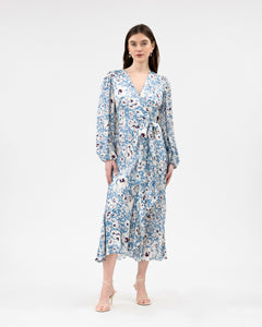 Long Sleeve Blaire Dress in Cream & Blue Bird Multi