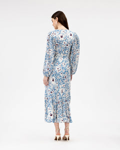 Long Sleeve Blaire Dress in Cream & Blue Bird Multi