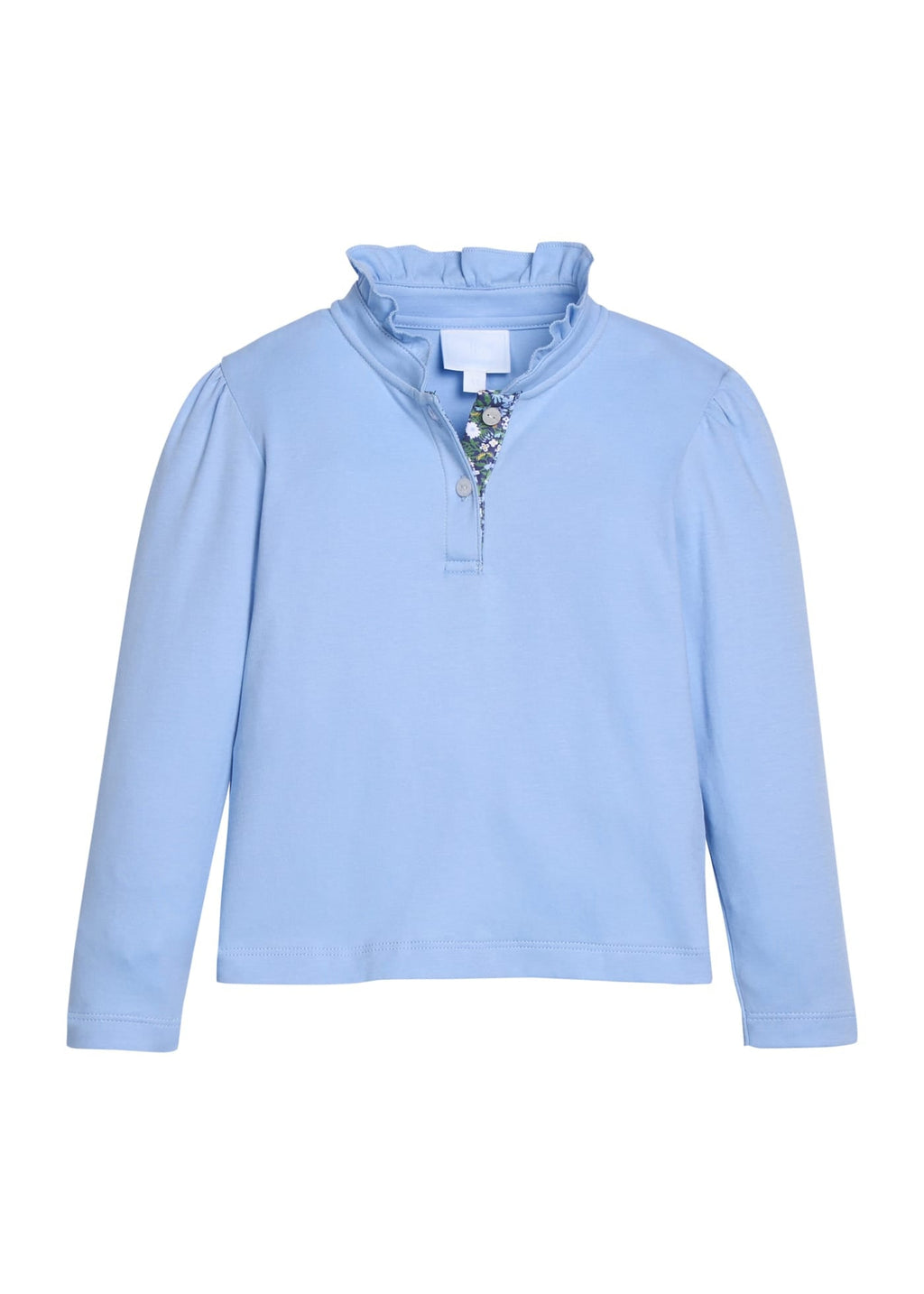 Little English traditional children's clothing.  Long sleeve Hastings polo in light blue with ruffle collar and green floral detailing. 