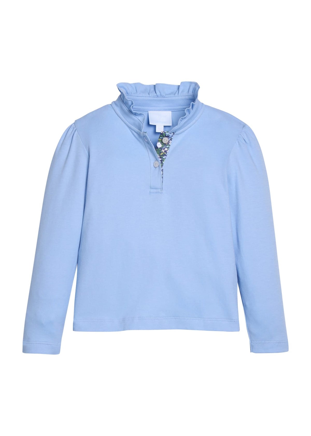 Little English traditional children's clothing.  Long sleeve Hastings polo in light blue with ruffle collar and green floral detailing. 