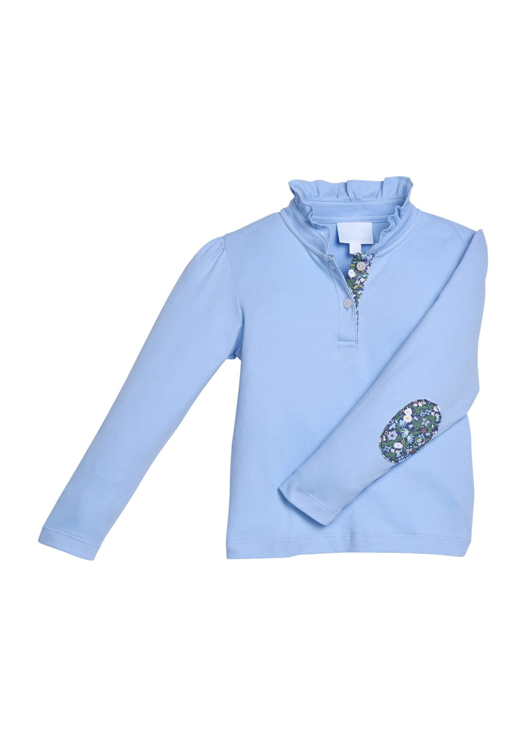 Little English traditional children's clothing.  Long sleeve Hastings polo in light blue with ruffle collar and green floral detailing. 