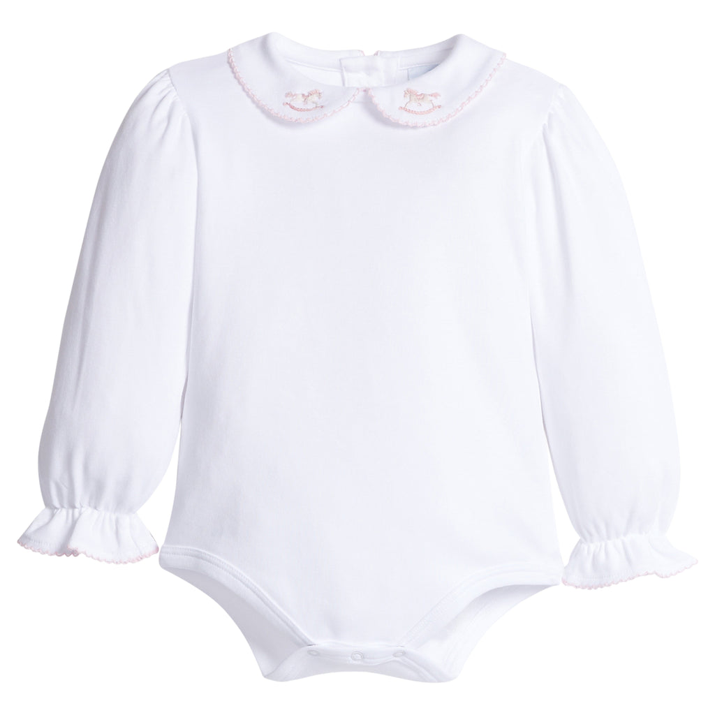 little english classic children's clothing girls white pinpoint onesie with light pink details and embroidered rocking horse on peter pan collar 