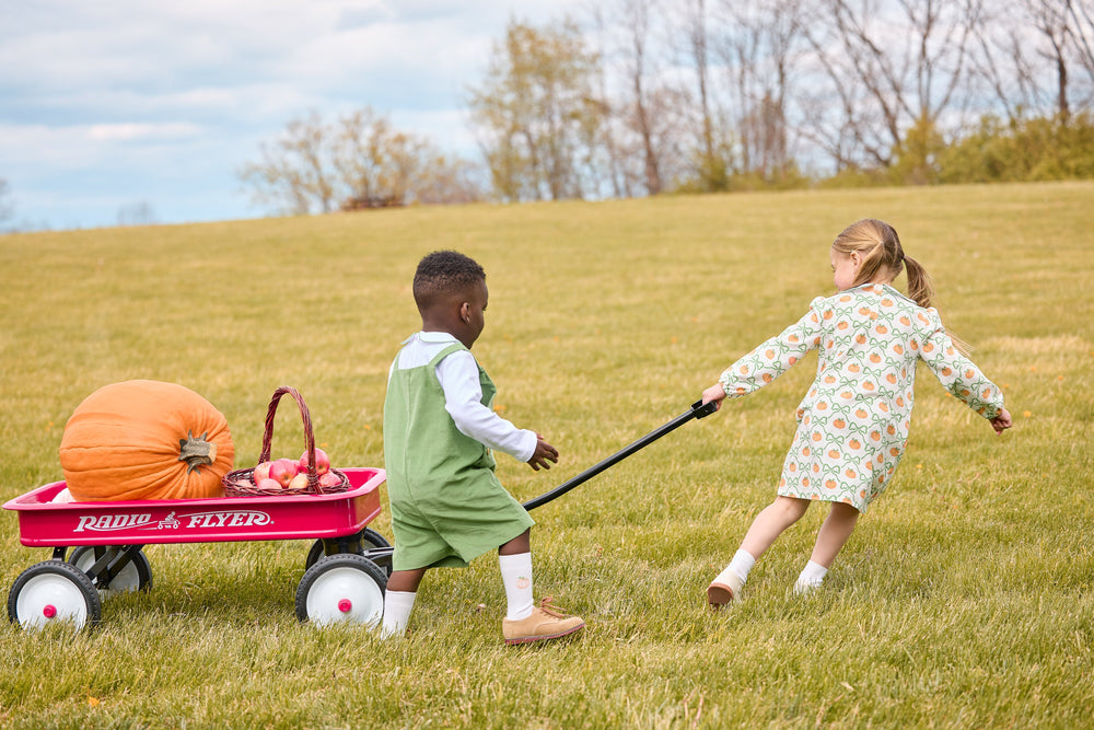 Boy in green corduroy shortall and girl in pumpkin-trellis dress pull a red wagon carrying a large pumpkin and apples across a grassy field