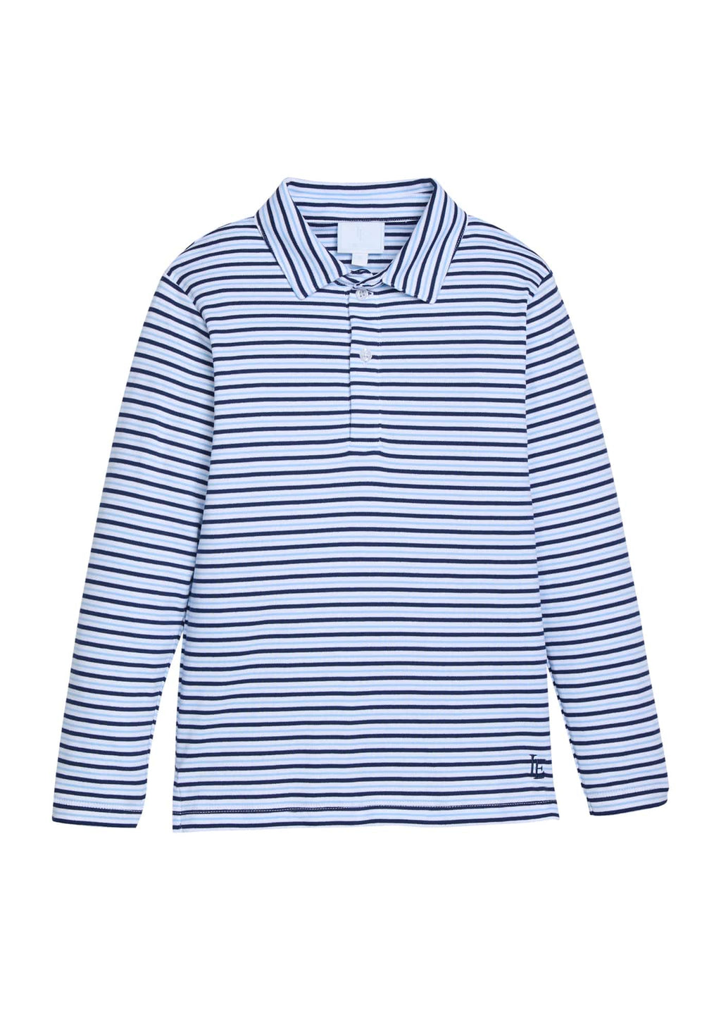 little english classic childrens clothing. Long sleeve navy, white, and light blue winslow stripe polo for boys