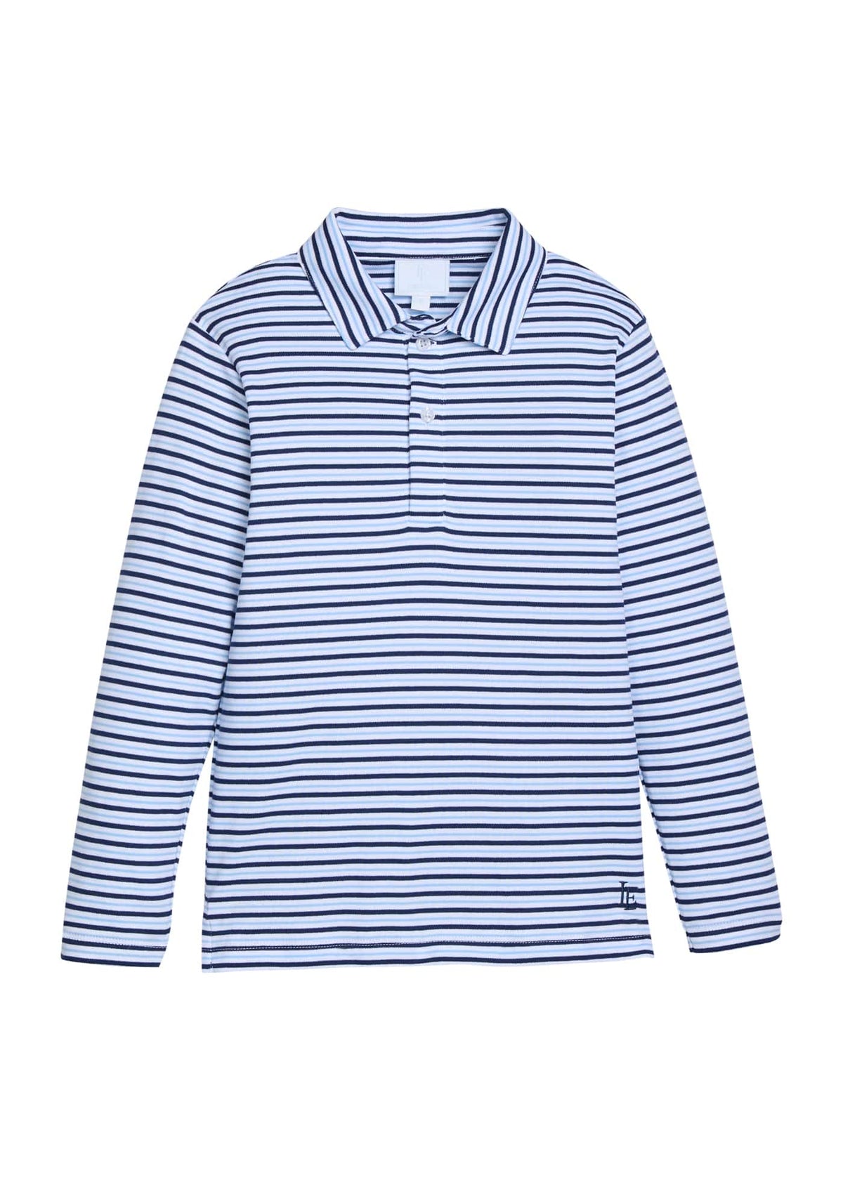 little english classic childrens clothing. Long sleeve navy, white, and light blue winslow stripe polo for boys